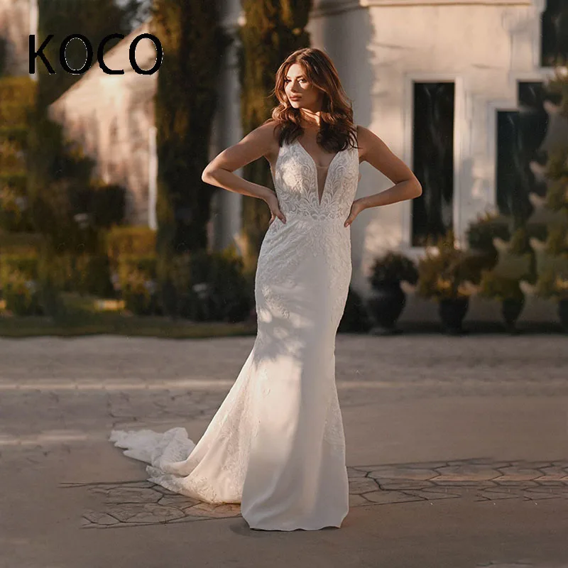 

MACDOUGAL Vestidos De Novia Wedding Dress Charming Mermaid V-neck Sleeveless Backless Tea-length Appliques Bridal Gown Custom