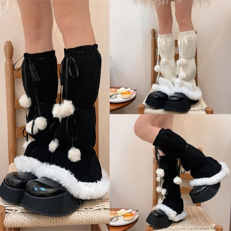 

Women Faux Furs Frilly Leg Warmers Knitted Long Leg Socks Warm Students Girls Boot Socks Pom Pom Bows Lace Up Foot Cover