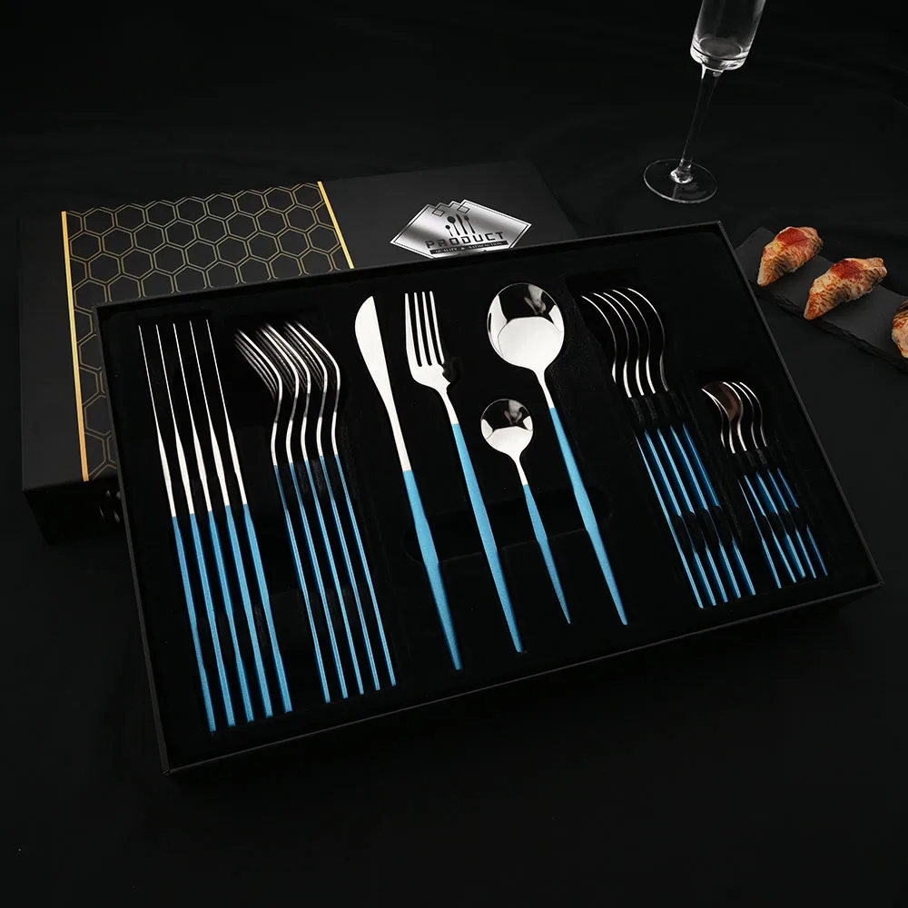 24Pcs Dinnerware Set Blue Silver Mirror Fork Spoon Knife Flatware Western Cutlery Stainless Steel Restaurant Tableware Gift Box
24Pcs Dinnerware Set Blue Silver Mirror Fork Spoon Knife Flatware Western Cutlery Stainless Steel Restaurant Tableware Gift Box