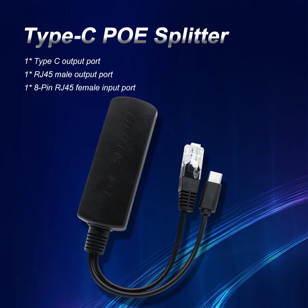 

Type-C POE Splitter Cable 10/100/1000Mbps IEEE802.3af DC44-57V To 5V 3A Power Supply for IP Camera Wireless AP or Non-POE Device