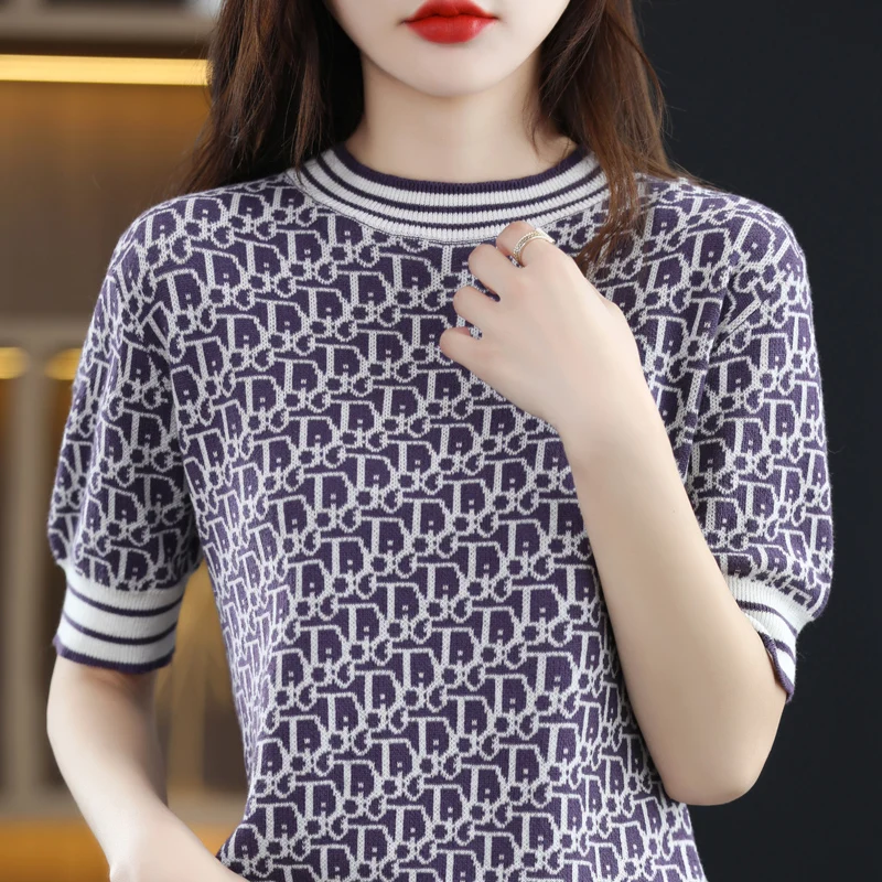 Spring And Summer Cotton Jacquard Knitted Short-sleeved T-shirt Women's Round Neck Loose Half Sleeve Tops
Spring And Summer Cotton Jacquard Knitted Short-sleeved T-shirt Women's Round Neck Loose Half Sleeve Tops