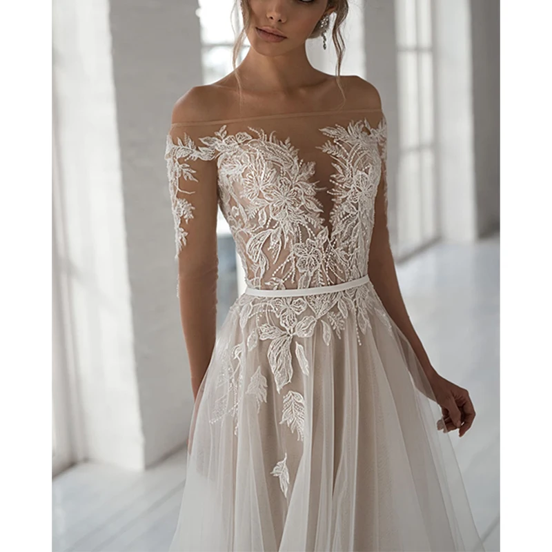 Elegant Wedding Dress Off Shoulder Deep V-Neck Applique Bridal Gown Beading Long Lace Sleeves Tulle Train Robe De Mariée
Elegant Wedding Dress Off Shoulder Deep V-Neck Applique Bridal Gown Beading Long Lace Sleeves Tulle Train Robe De Mariée