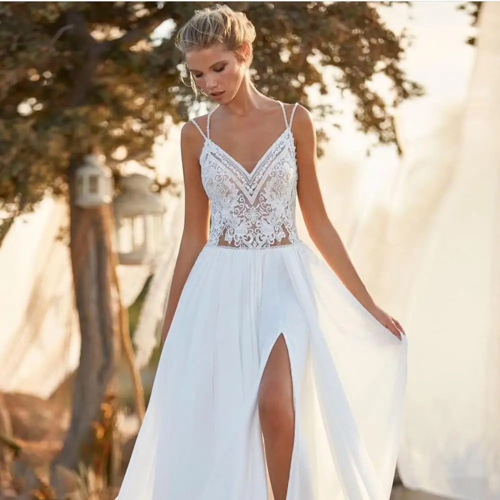 Wedding Bridal 2022 Spaghetti Straps Sleeveless Side Slit Boho Bridal Dress Lace Applique Chiffon Floor Length Wedding Elegant
Wedding Bridal 2022 Spaghetti Straps Sleeveless Side Slit Boho Bridal Dress Lace Applique Chiffon Floor Length Wedding Elegant