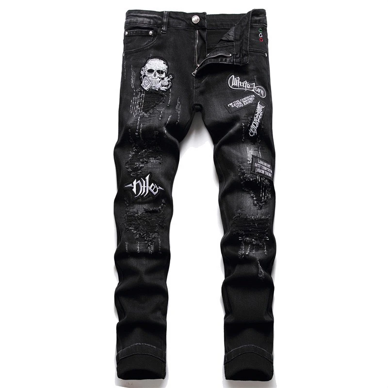 

Skull Embroidery Black Jeans Men's Holes Scraped 3D Micro Chapter Stitching Worn Soft Casual Cotton Trend High Elastic 2