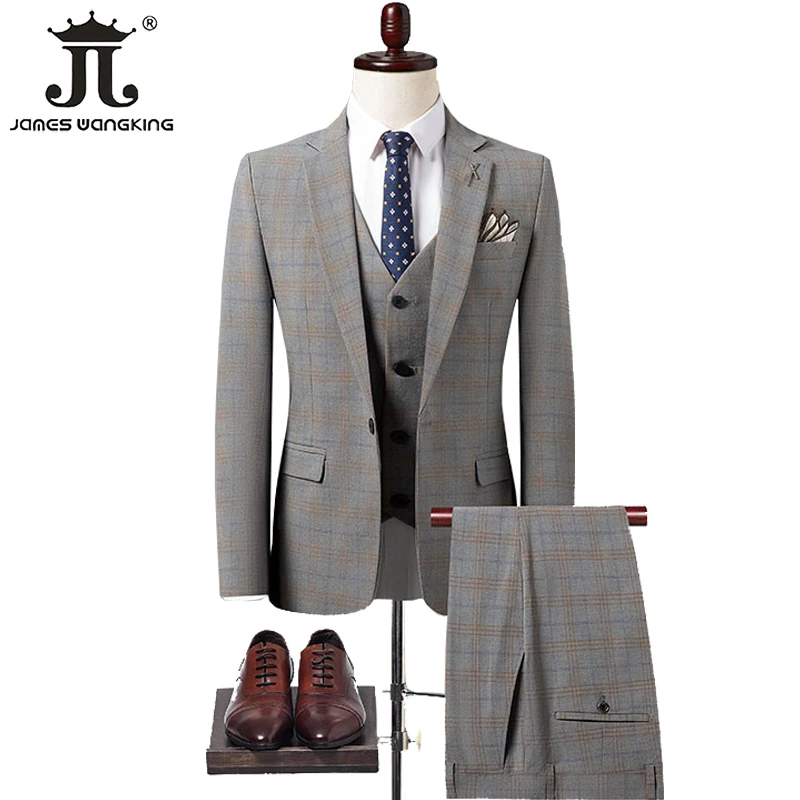 (Блейзер + жилет + брюки) Модный комплект из трех предметов в клетку, свадебное платье для жениха, мужской облегающий костюм