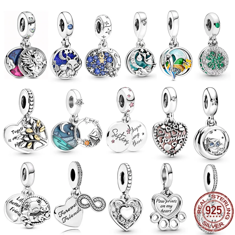 

Authentic Silver 925 Jewelry Gift Four Leaf, Forever Sisters & Friends Double Dangle Charm Bead Fit Original Bracelet
