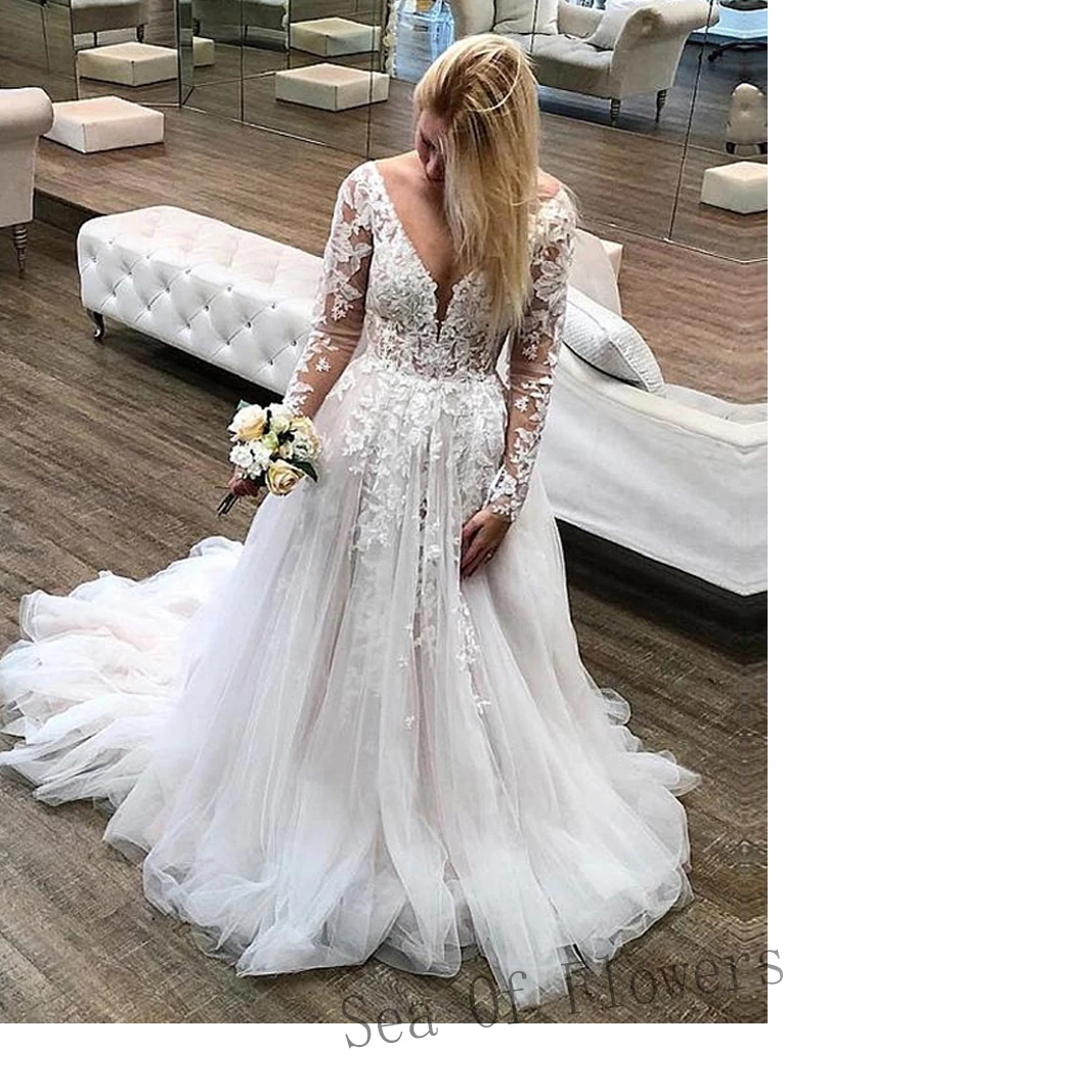 Sea Of Flowers Exquisite Wedding Gown for Bride Backless Appliques Full Sleeve Tulle A-LINE Custom-Made Vestidos De Novia
Sea Of Flowers Exquisite Wedding Gown for Bride Backless Appliques Full Sleeve Tulle A-LINE Custom-Made Vestidos De Novia