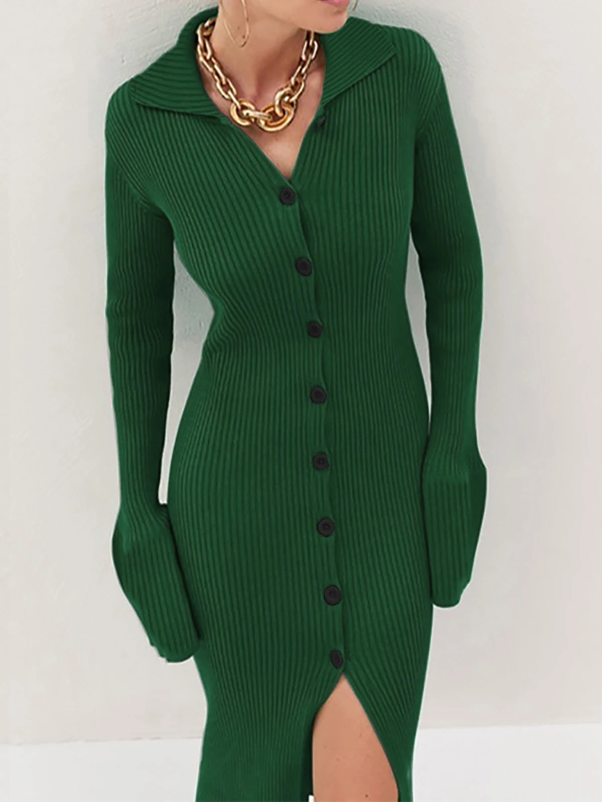 

Женское трикотажное платье-свитер в полоску, однобортное облегающее Платье макси с расклешенным рукавом, элегантная уличная одежда, осень-...