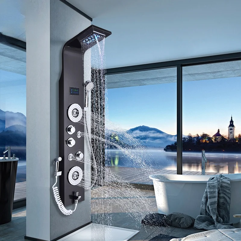 Black LED Shower Panel Six Functions Column Rain Waterfall Massage Spa Jets Tub With Bidet Bath Taps
Black LED Shower Panel Six Functions Column Rain Waterfall Massage Spa Jets Tub With Bidet Bath Taps