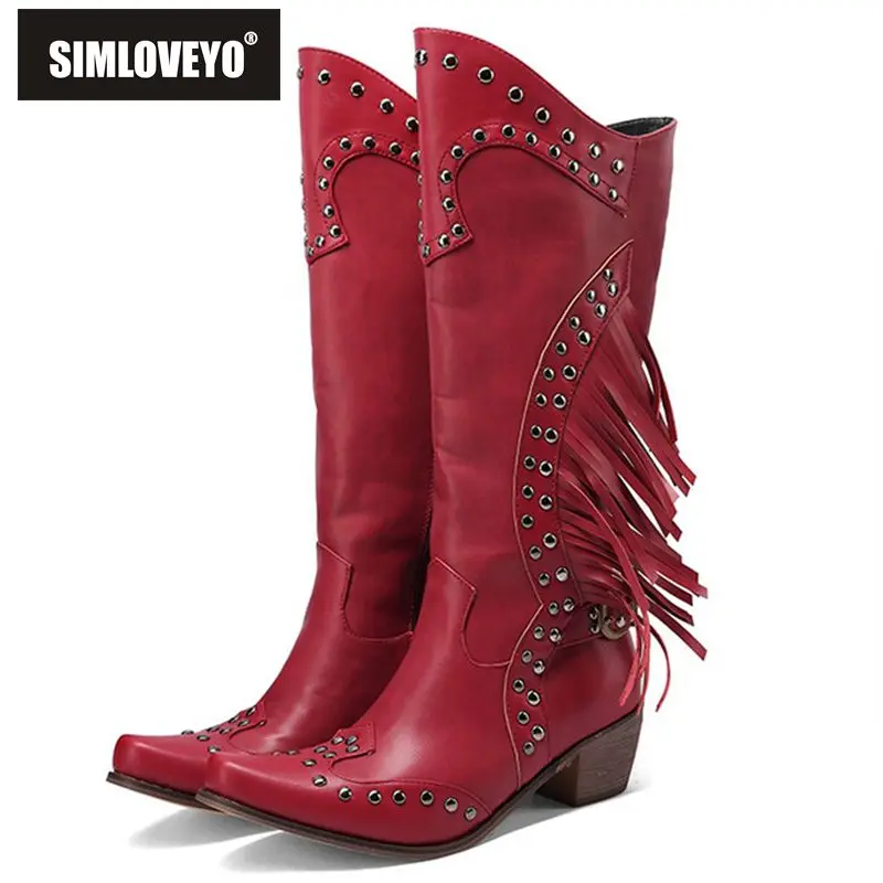 SIMLOVEYO Women's High Boots Western Round Toe Chunky Heels Revets Tassels Buckle Zipper Plus Size 34-48 Fashion Black Red S3713
SIMLOVEYO Women's High Boots Western Round Toe Chunky Heels Revets Tassels Buckle Zipper Plus Size 34-48 Fashion Black Red S3713