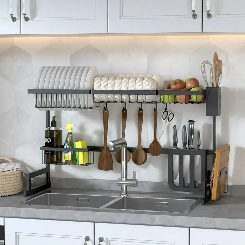 Sink Dish Drying Rack Large Two Tier Vertical, Compact Kitchen Storage System in Black Stainless Steel Organizes, Drains & Dries
Sink Dish Drying Rack Large Two Tier Vertical, Compact Kitchen Storage System in Black Stainless Steel Organizes, Drains & Dries