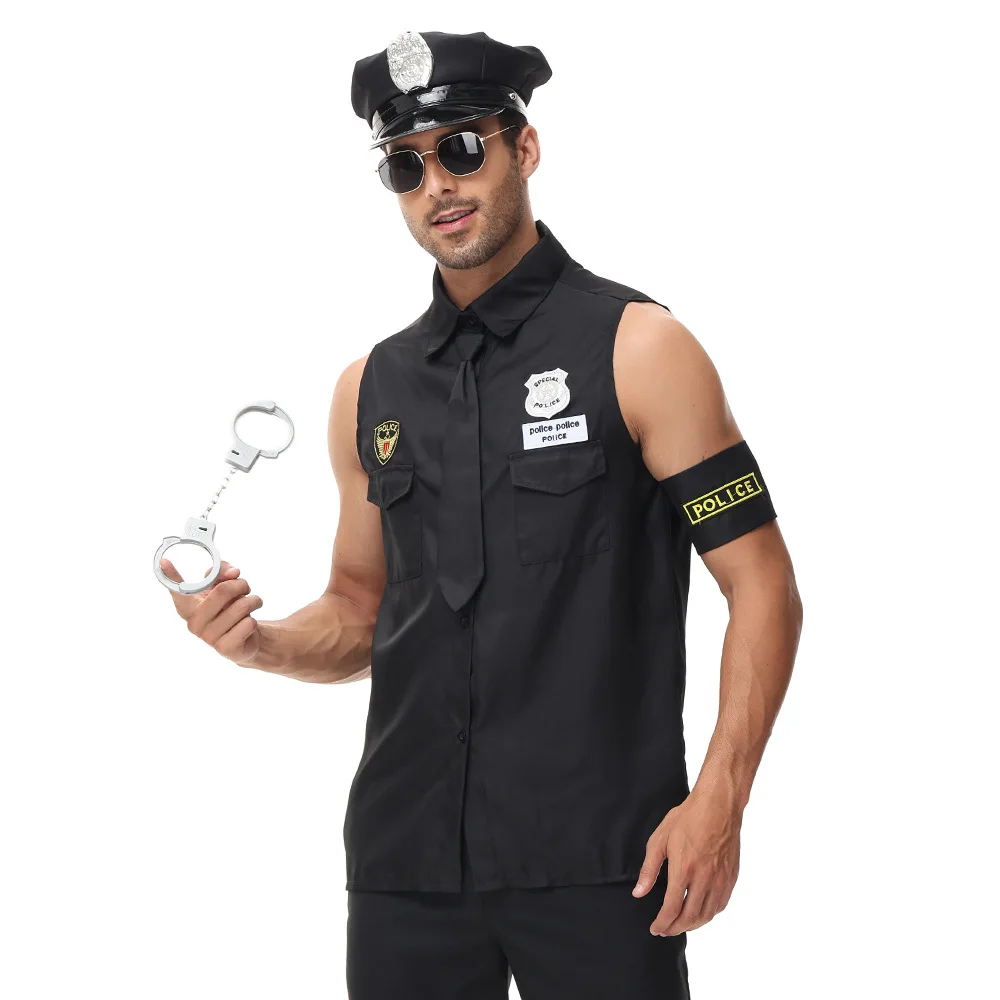 

Men Police Costume America U.S. Police Dirty Cop Officer Uniform Hat Top Shirt With Accessorie Cosplay Halloween Clothing