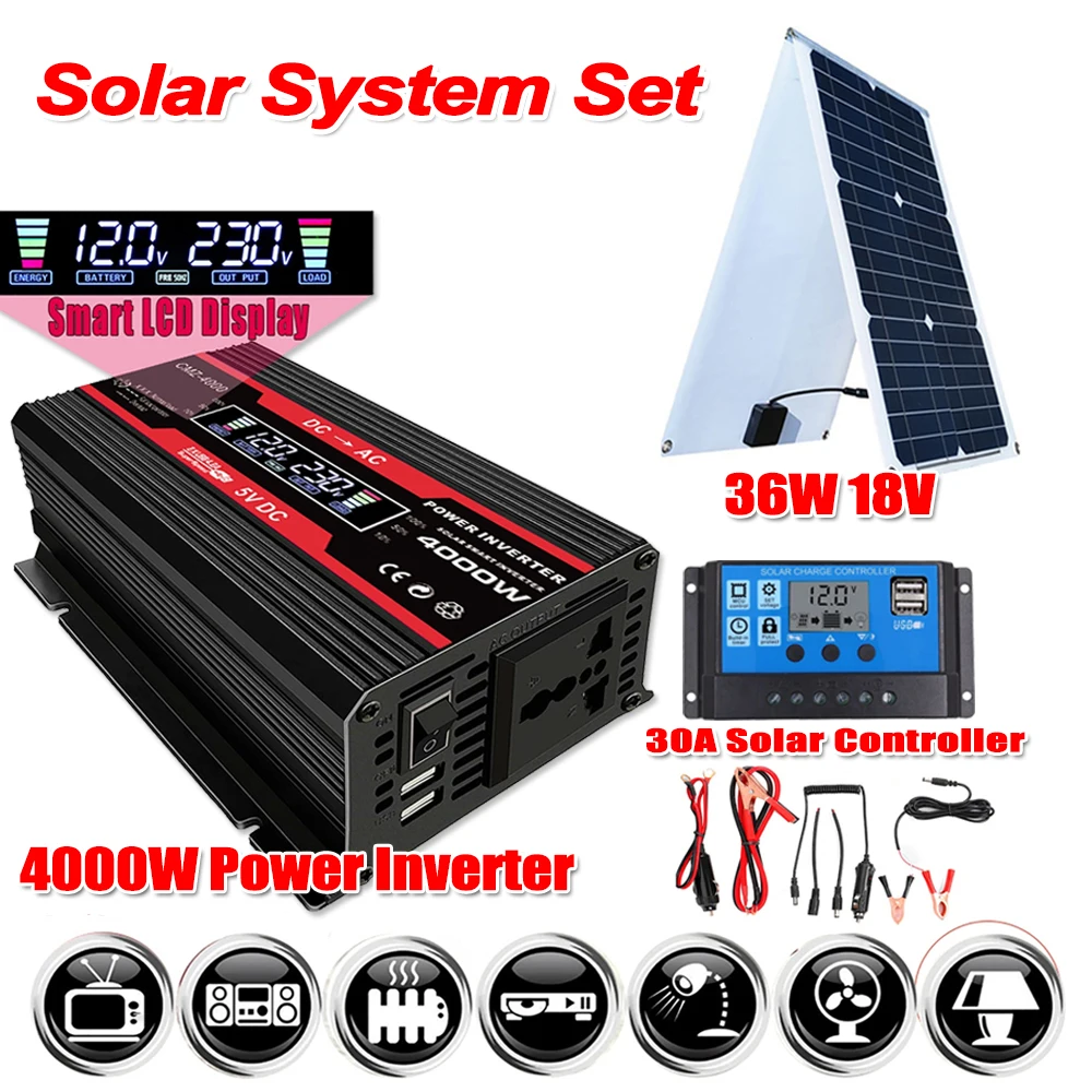 36W Solar Panel with 30A Solar Controller Solar Power Generation System 4000W 12V TO 110V 220V Voltage Converter Power Inverter
36W Solar Panel with 30A Solar Controller Solar Power Generation System 4000W 12V TO 110V 220V Voltage Converter Power Inverter