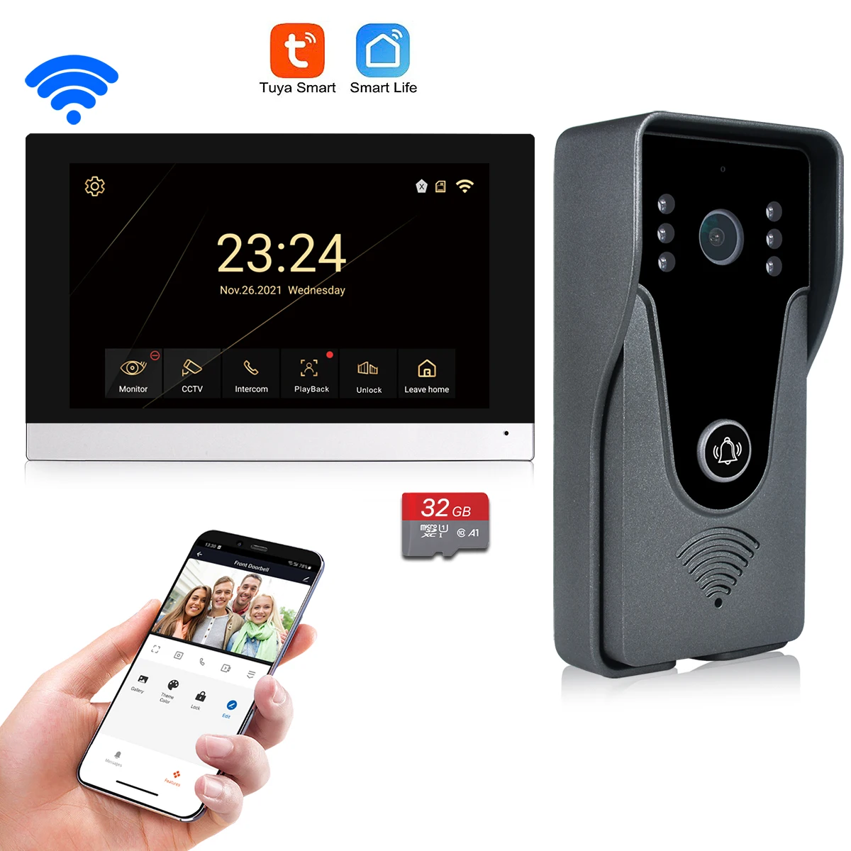 

Wireless WiFi Video Intercom System 1080P Smart Video Doorbell Camera for Home 7 inch Screen with 32G Card TUYA APP Unlock