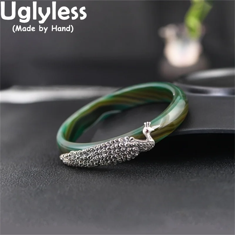 

65MM Inner Diamter Big Size Thick Wrists' Oval Bangles for Women Peacock Bangles Real Chalcedony 925 Silver Bracelets 11MM Wide