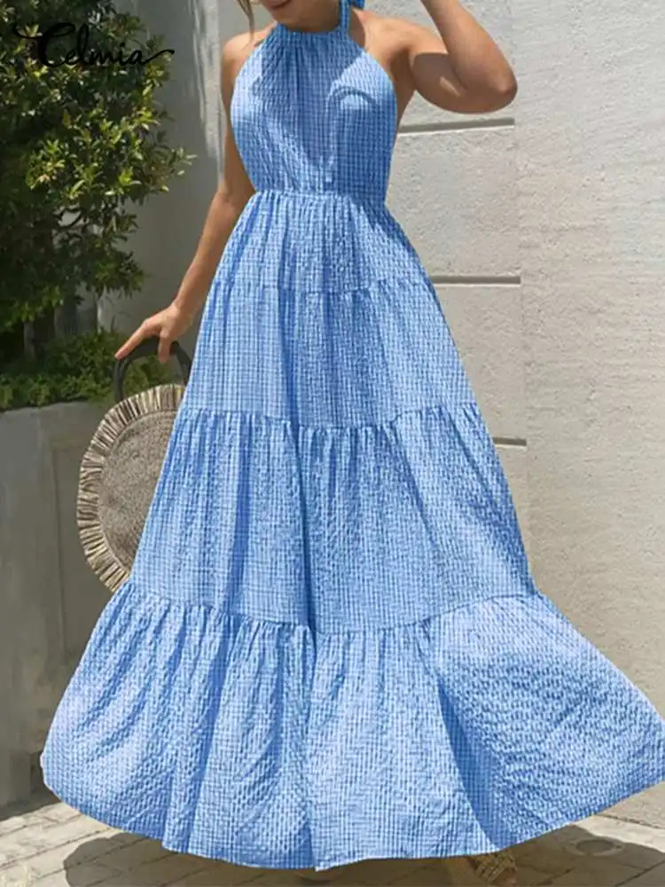 Celmia Streetwear Summer Long Robe Casual Holiday Sleeveless Fashion Maxi Dress Waisted Plaid Women Stitching Halter Beach Dress
Celmia Streetwear Summer Long Robe Casual Holiday Sleeveless Fashion Maxi Dress Waisted Plaid Women Stitching Halter Beach Dress