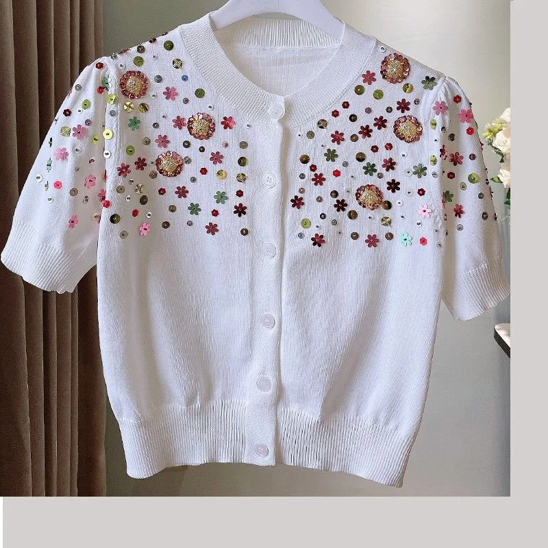 Super Beautiful Nail Beads Summer Women'S New Temperament Elegant Round Neck Short Sleeve Single Breasted Ice Silk Sweater
Super Beautiful Nail Beads Summer Women'S New Temperament Elegant Round Neck Short Sleeve Single Breasted Ice Silk Sweater