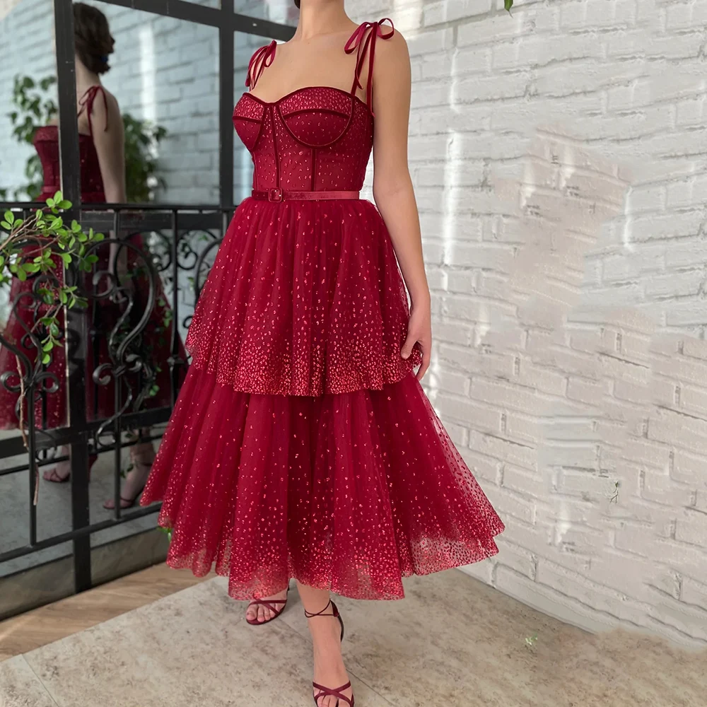 Formal Red Tea-Length Evening Dresses Spaghetti Straps With Bows Sweetheart A Line Sleeveless Tulle Open Back Party Prom Gowns
Formal Red Tea-Length Evening Dresses Spaghetti Straps With Bows Sweetheart A Line Sleeveless Tulle Open Back Party Prom Gowns