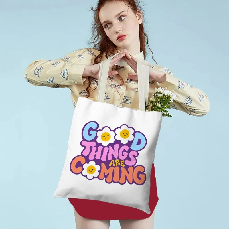 GOOD THINGS ARE COMING Shoulder Bag Women Letters Print Portable Portable Shopping Bags Canvas Handbag Large Capacity Tote Case
GOOD THINGS ARE COMING Shoulder Bag Women Letters Print Portable Portable Shopping Bags Canvas Handbag Large Capacity Tote Case
