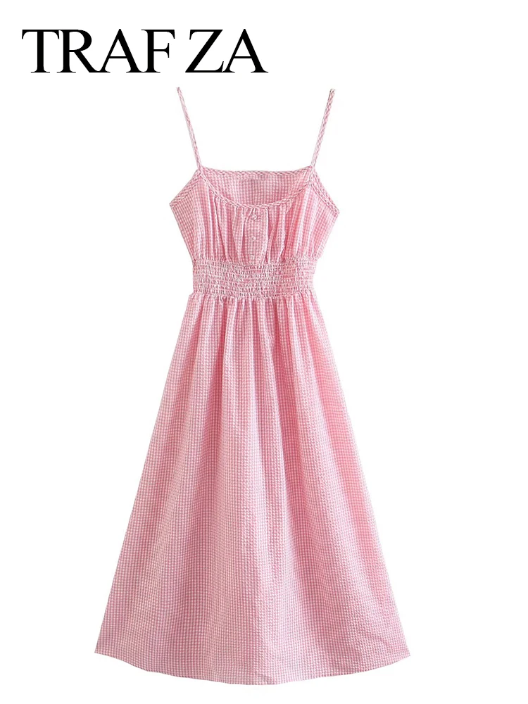 TRAF ZA Slings Sleeveless Pink White Plaid Dress Sweet College Girl Style Elastic Waist Button Decoration Midi Dress Summer Lady
TRAF ZA Slings Sleeveless Pink White Plaid Dress Sweet College Girl Style Elastic Waist Button Decoration Midi Dress Summer Lady