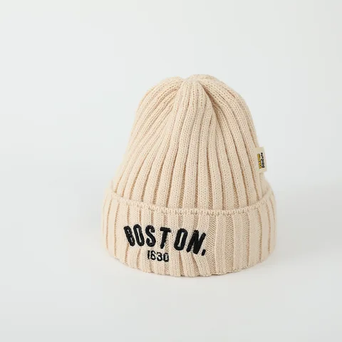 Однотонная детская Шапка-бини с надписью, зимняя теплая вязаная шапка для девочек и мальчиков, винтажная вязаная шапка с вышивкой Бостон для малышей, детская вязаная шапка
