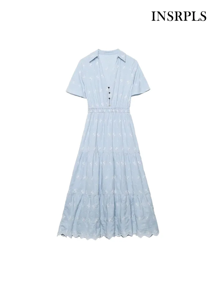 INSRPLS Women Fashion Front Buttons Cutwork Embroidery Midi Dress Vintage Short Sleeve Elastic Waist Female Dresses Vestidos
INSRPLS Women Fashion Front Buttons Cutwork Embroidery Midi Dress Vintage Short Sleeve Elastic Waist Female Dresses Vestidos