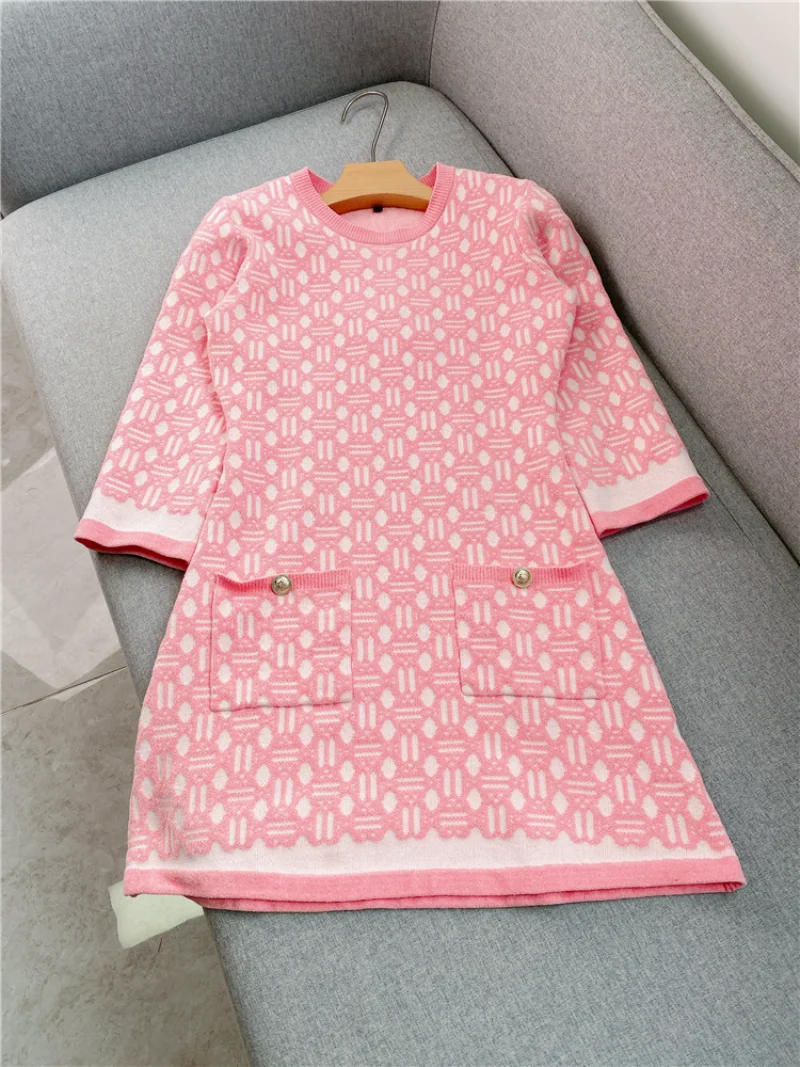 

Round Neck Jacquard Pink Knit Dress Early Spring 2023 French Paris New Sweet Office Lady Mini A-line Dress for Women