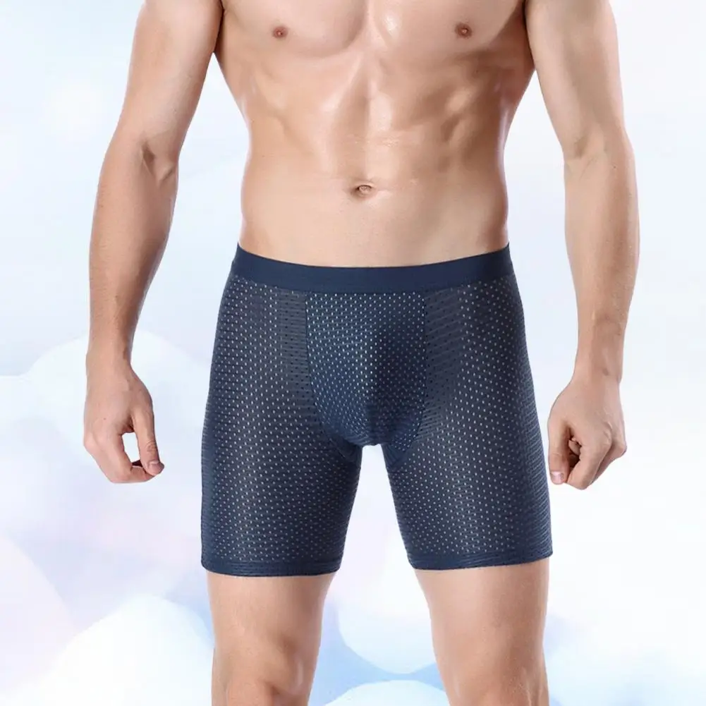 

Men Boxers Solid Color Multi Holes Breathable Hollow Out Elastic Anti-septic Mid Waist U Convex Men Boxers Underpants