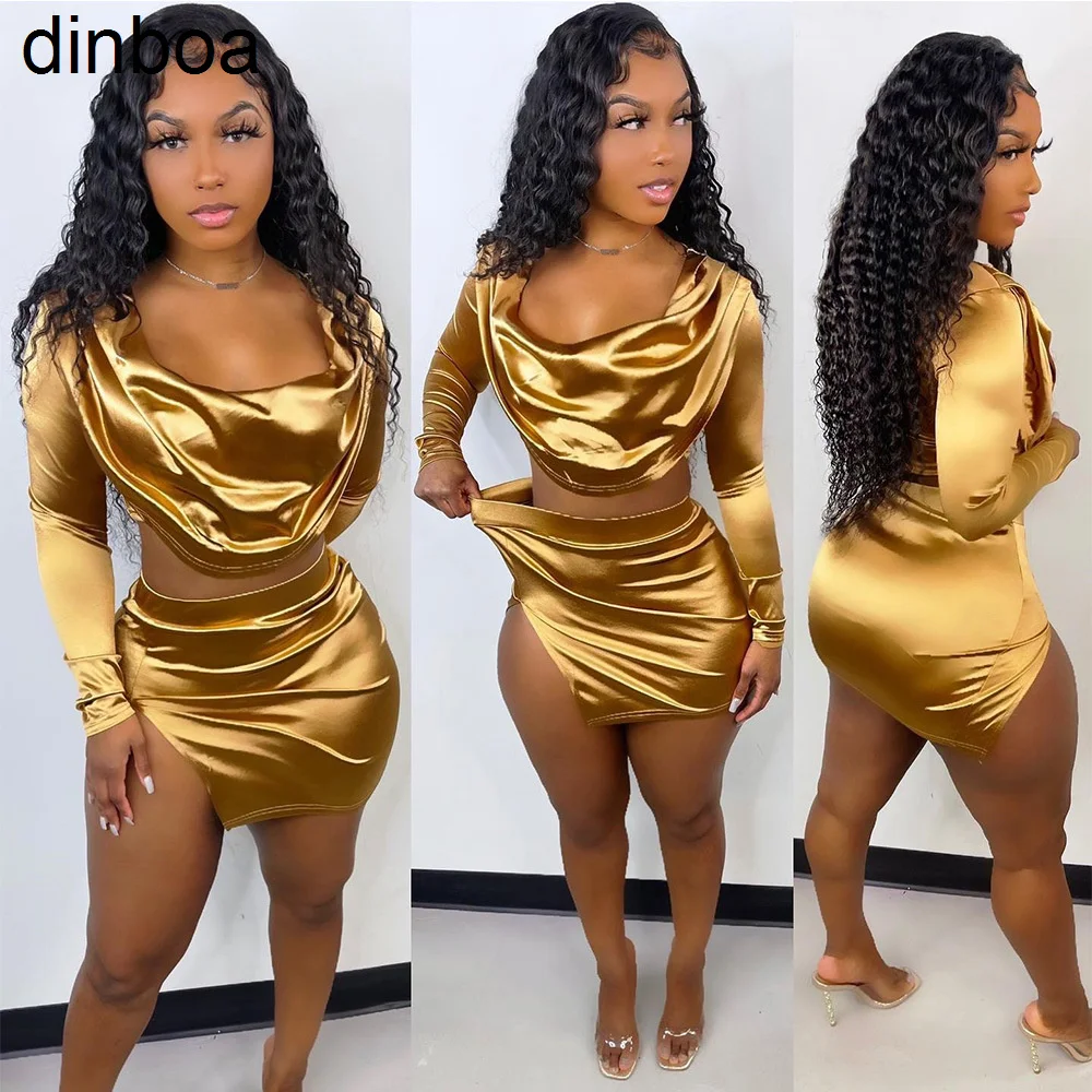 

Dinboa-2023 Womens Sets Summer Wear Shiny Solid Color Notched Split Clubwear Women Skirt Two Piece Set