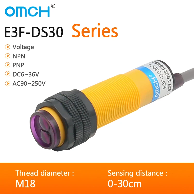 OMCH E3F-DS30 M18 diffuse photoelectric switch sensor switch DC 4-WIRE PNP NO NC detection range 10-30cm adjustable
OMCH E3F-DS30 M18 diffuse photoelectric switch sensor switch DC 4-WIRE PNP NO NC detection range 10-30cm adjustable