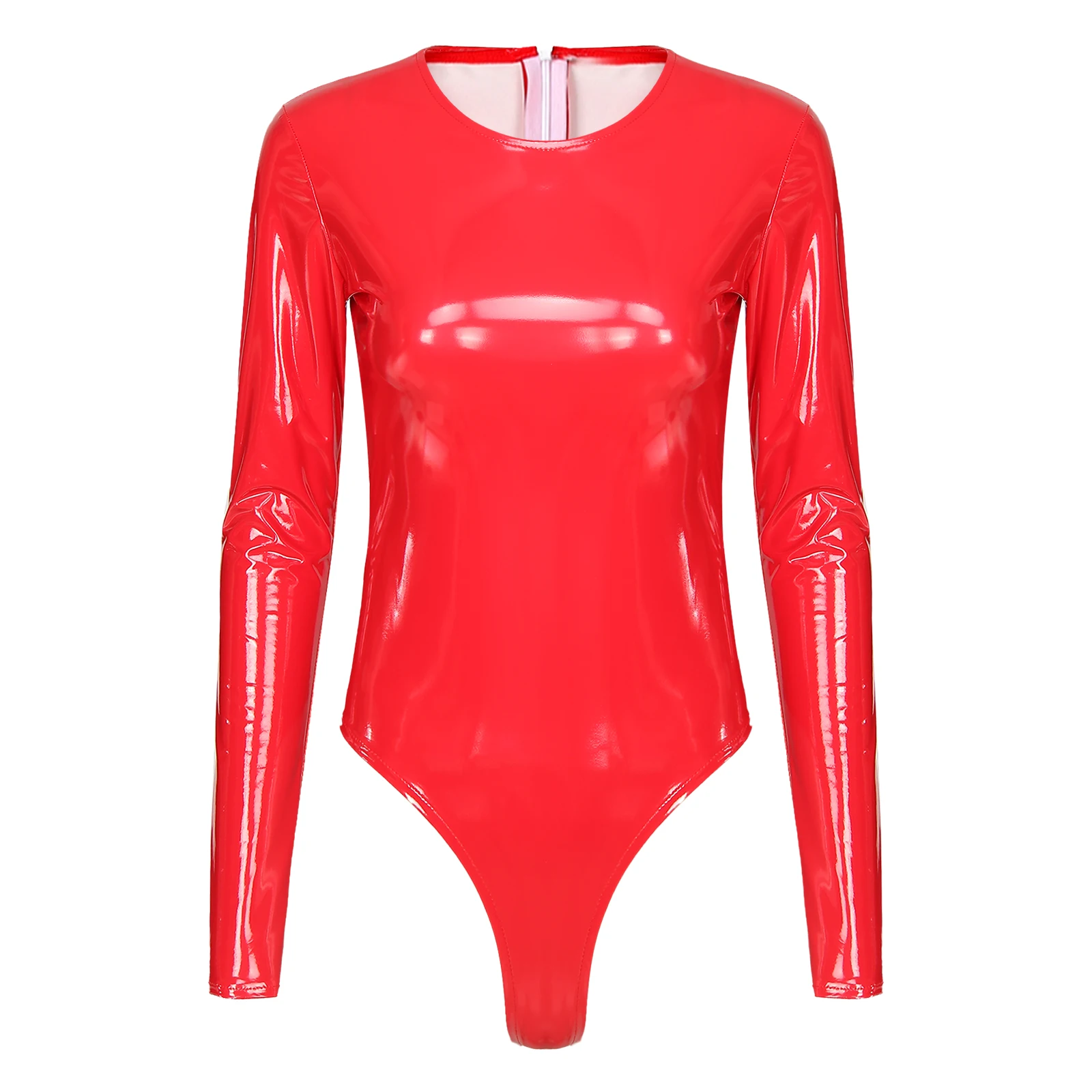 

Womens Wetlook Patent Leather Bodysuit Jumpsuit Pole Dancing Clothes High Cut Long Sleeve Leotard Back Zipper Catsuit Clubwear