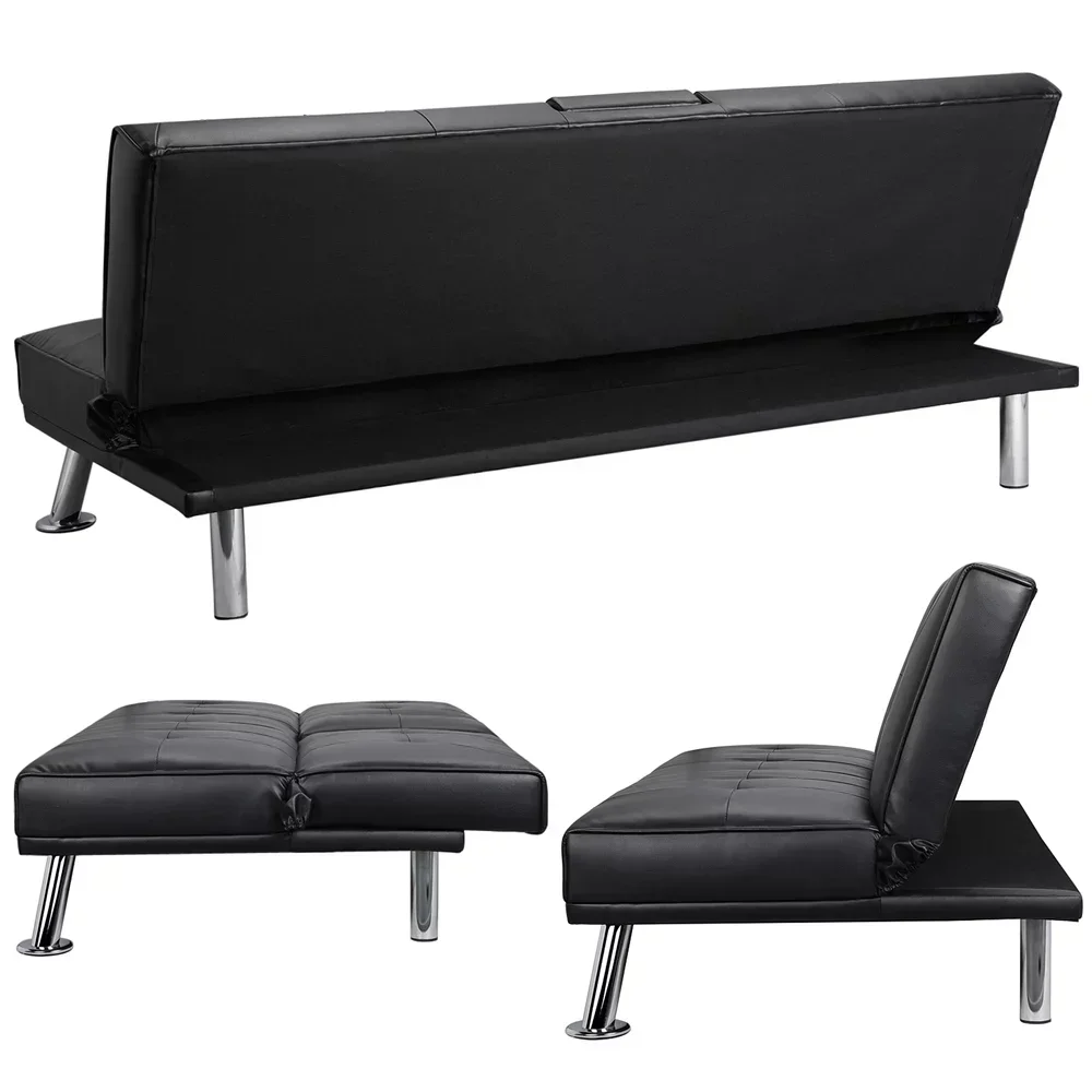 

Modern Faux Leather Futon with Cupholders and Pillows,Durable and Strong， 65.75 X 32.09 X 29.53 Inches