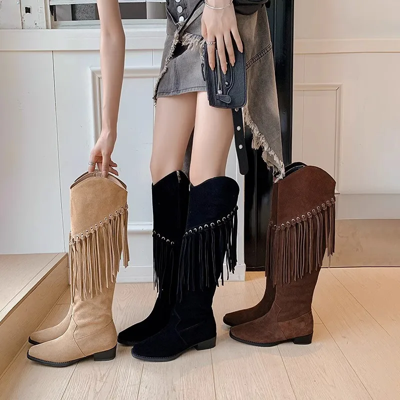 

2023 New Winter Square Head Chunky Heel High Retro Braided Fringe Boots Slim Brown Thigh-high Boots Cowgirl Boots Plus Size