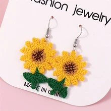 Cute Sunflower Drop Earrings for Women Handmade Knitted Plant Dangle Hook Earrings Girls Party Birthday Jewelry Gifts