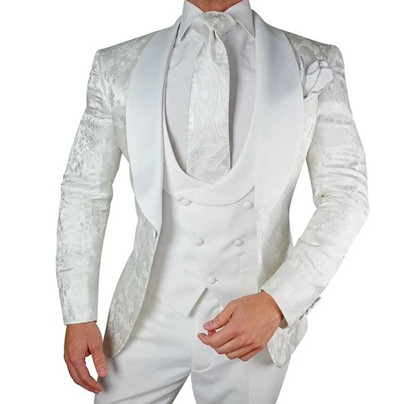 

White Floral Wedding Tuxedo For Groom 3 Pieces Slim Fit Men Suits With Satin Shawl Lapel Custom Male Fashion Costume Jacket Vest