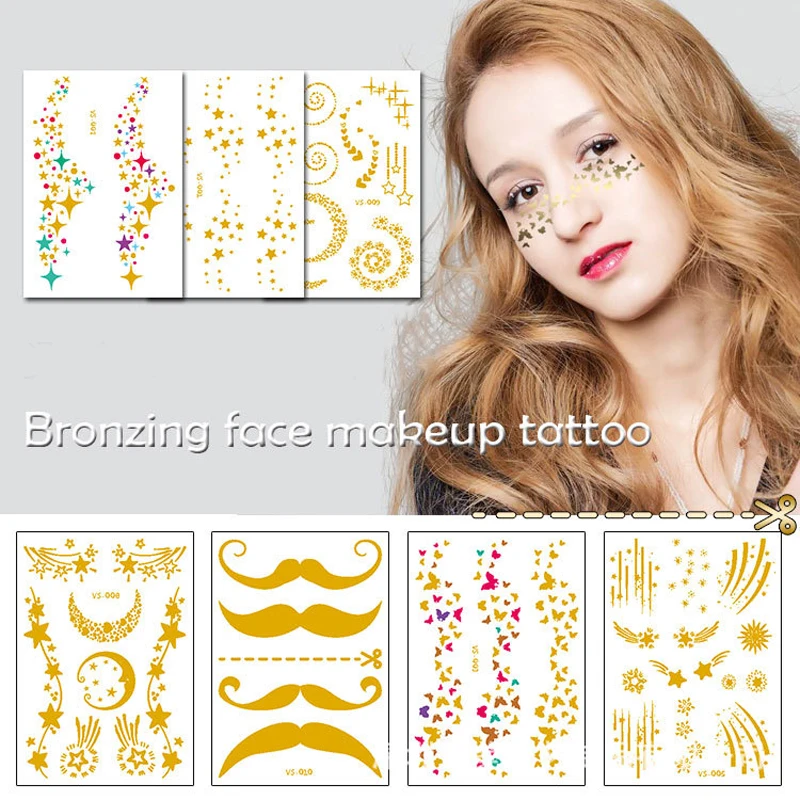 New Gold Face Temporary Tattoos Waterproof Blocked Freckles Makeup Stickers Eye Decals Bronzing Face Makeup Tattoo Wholesale
New Gold Face Temporary Tattoos Waterproof Blocked Freckles Makeup Stickers Eye Decals Bronzing Face Makeup Tattoo Wholesale