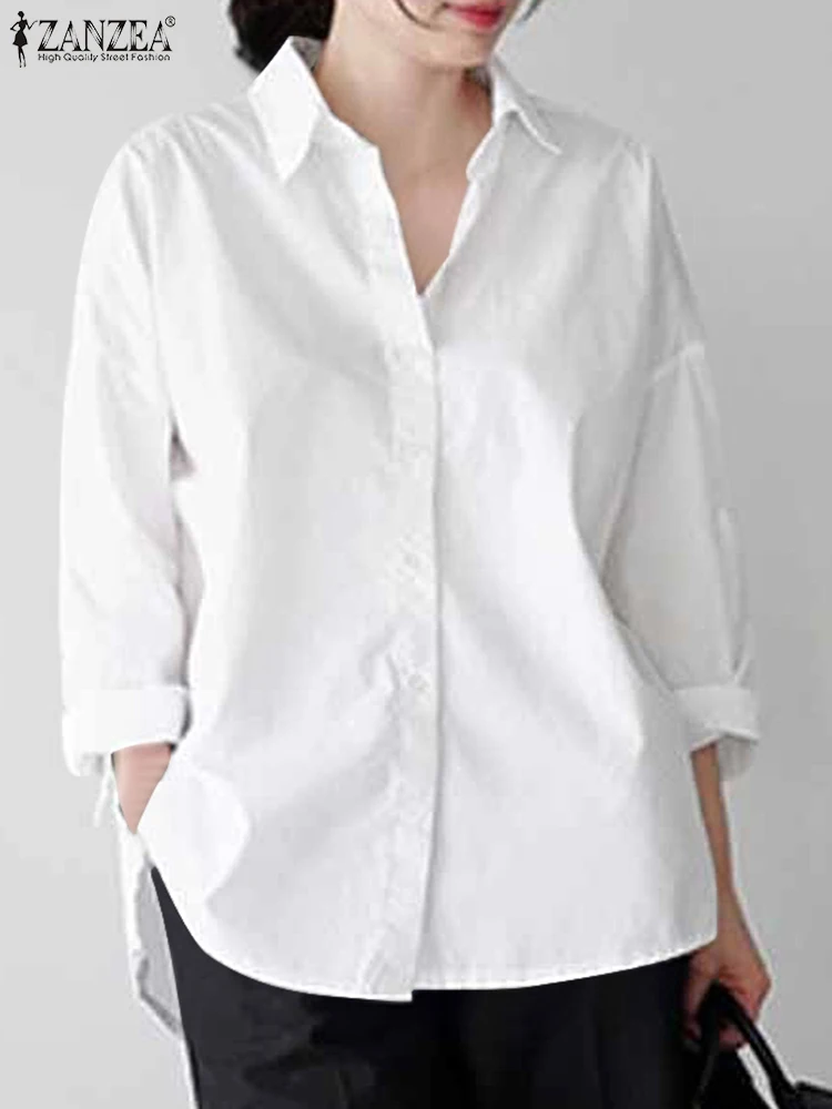 

2023 ZANZEA модная весенняя рубашка с отворотом, однотонная Свободная блузка, элегантная женская блуза с длинным рукавом и пуговицами, Женские т...