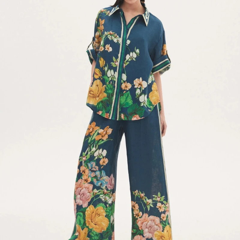2023 Summer Beach Style High Quality Short Sleeve Floral Print Wide Long Pants Blouse Tops Set for Women Holiday
2023 Summer Beach Style High Quality Short Sleeve Floral Print Wide Long Pants Blouse Tops Set for Women Holiday