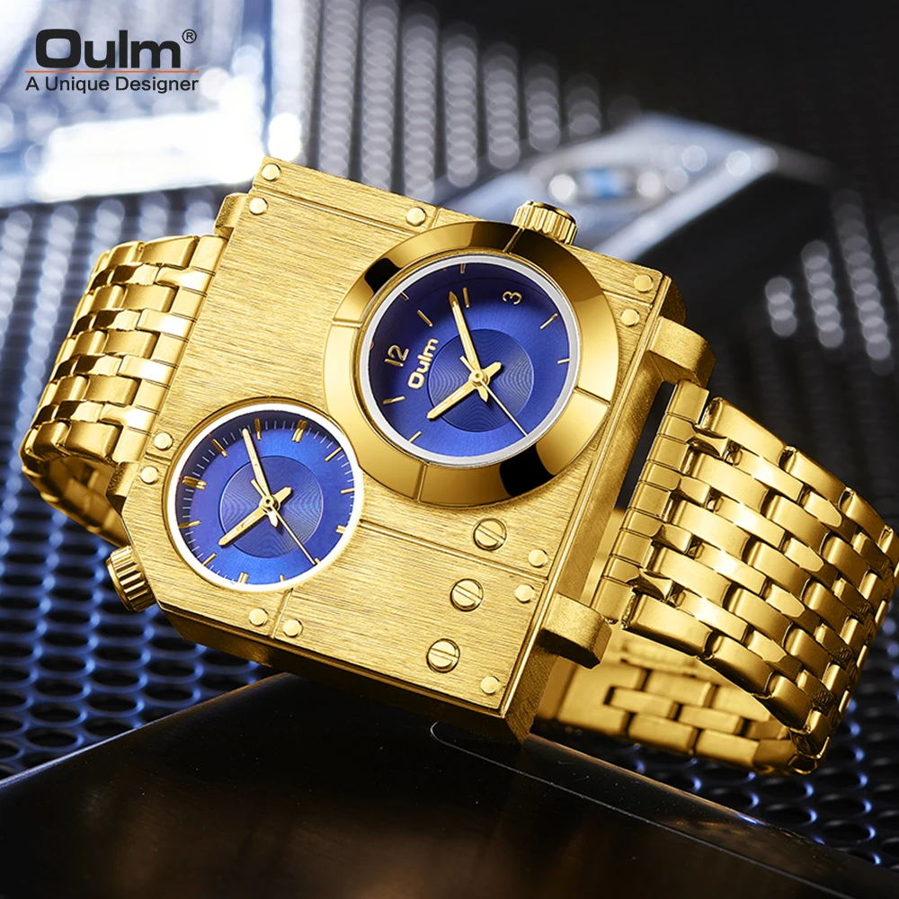 Роскошные Брендовые мужские часы Oulm 5024 золотые кварцевые из нержавеющей стали