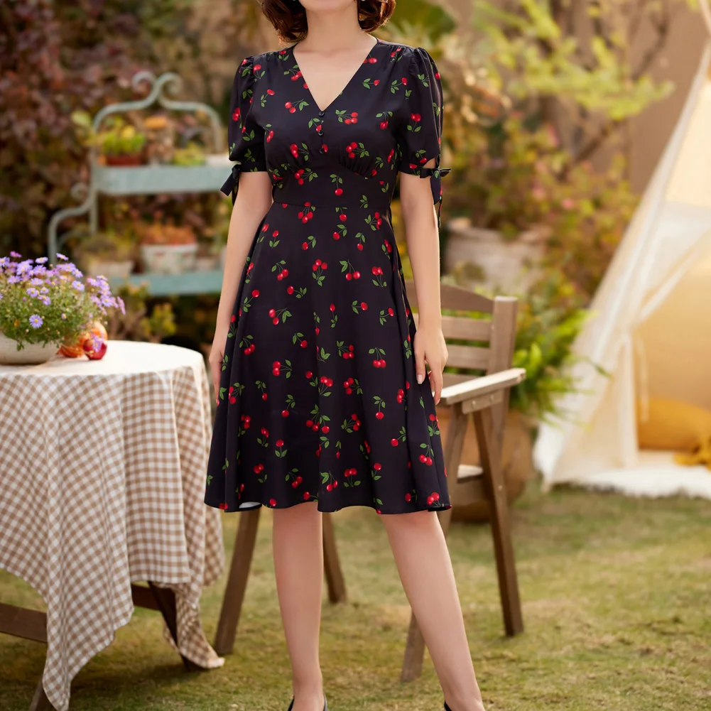 

Belle Poque 1950S Vintage Midi Dress Women's Summer Floral Cherry Print A Line Short Sleeve V-Neck Flared A-Line Dress A30