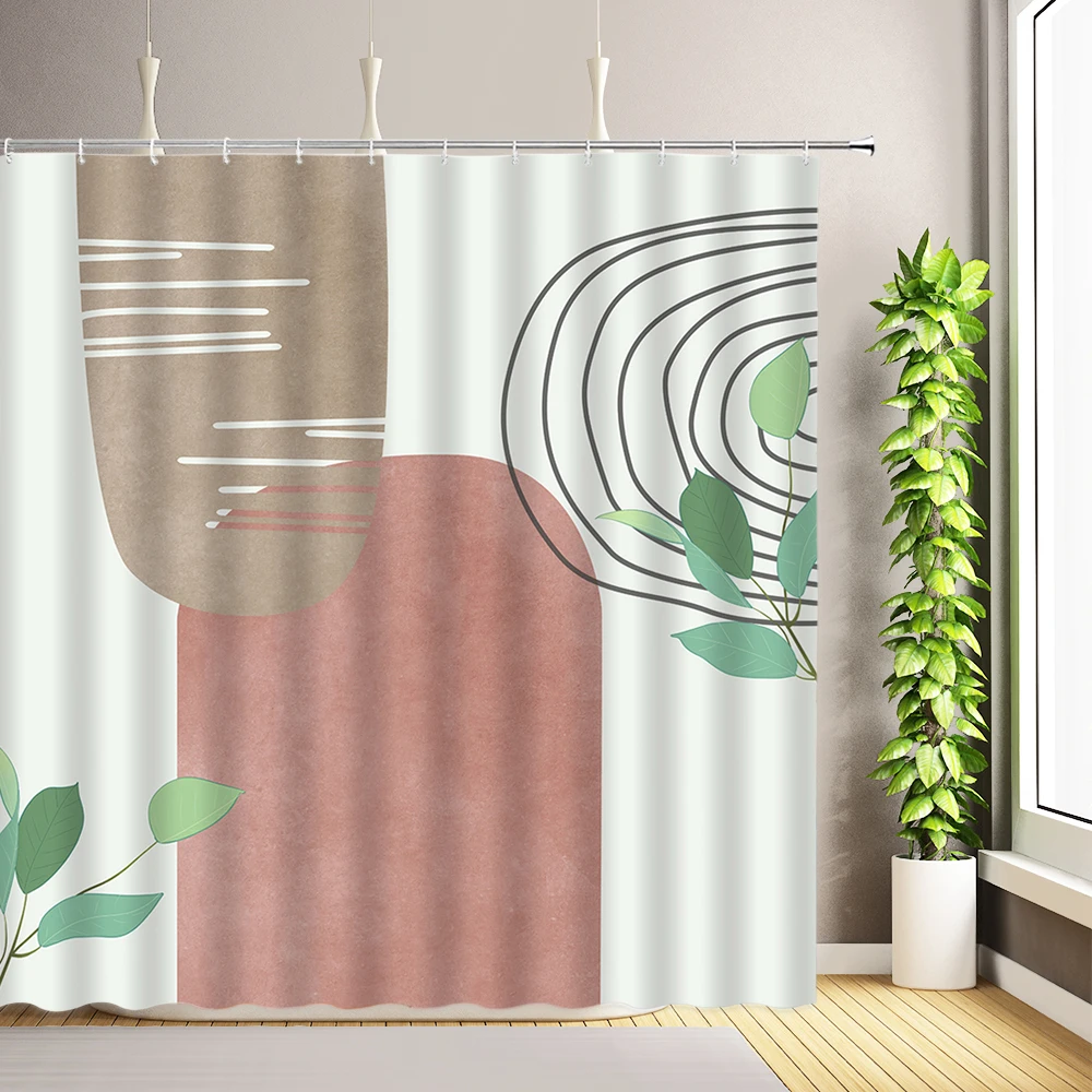 

Mid Century Minimalist Abstract Shower Curtain Modern Geometric Curve Green Leaves Plant Bathroom Fabric Bath Curtains Decor Set