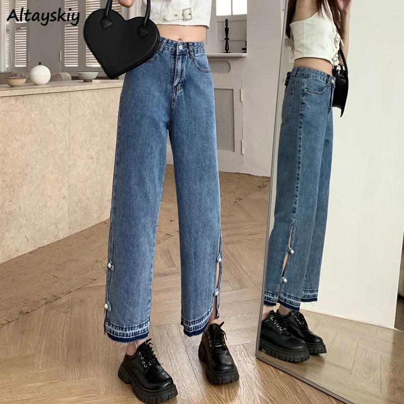 

Vintage Side-slit Jeans Women Straight Summer New Stylish Embroidered Flares Casual Streetwear Baggy Pantalon Mujer High Waist