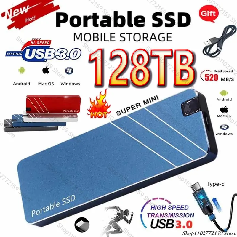 

2023 Mini Portable 128TB SSD Type-C/USB3.1 External Mobile Solid State Drive High Speed 16TB 8TB Hard Drive Laptop Disco duro