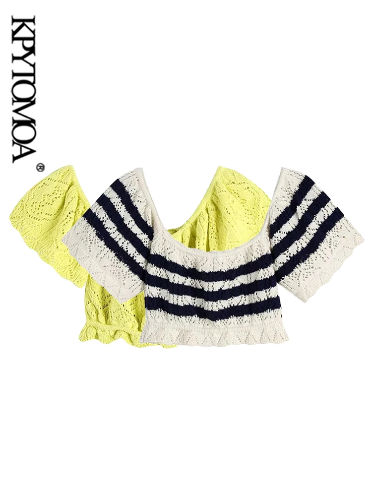KPYTOMOA Women Fashion Striped Crop Pointelle-Knit Sweater Vintage Short Sleeve Elastic Trims Female Pullovers Chic Tops
KPYTOMOA Women Fashion Striped Crop Pointelle-Knit Sweater Vintage Short Sleeve Elastic Trims Female Pullovers Chic Tops