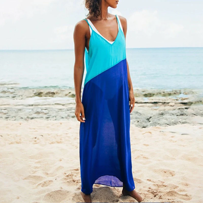 Sexy Suspenders Contrast Color Stitching Beach Dress Lady Summer Cool Perspective Slit Dress Solid Sleeveless Holiday Long Dress
Sexy Suspenders Contrast Color Stitching Beach Dress Lady Summer Cool Perspective Slit Dress Solid Sleeveless Holiday Long Dress