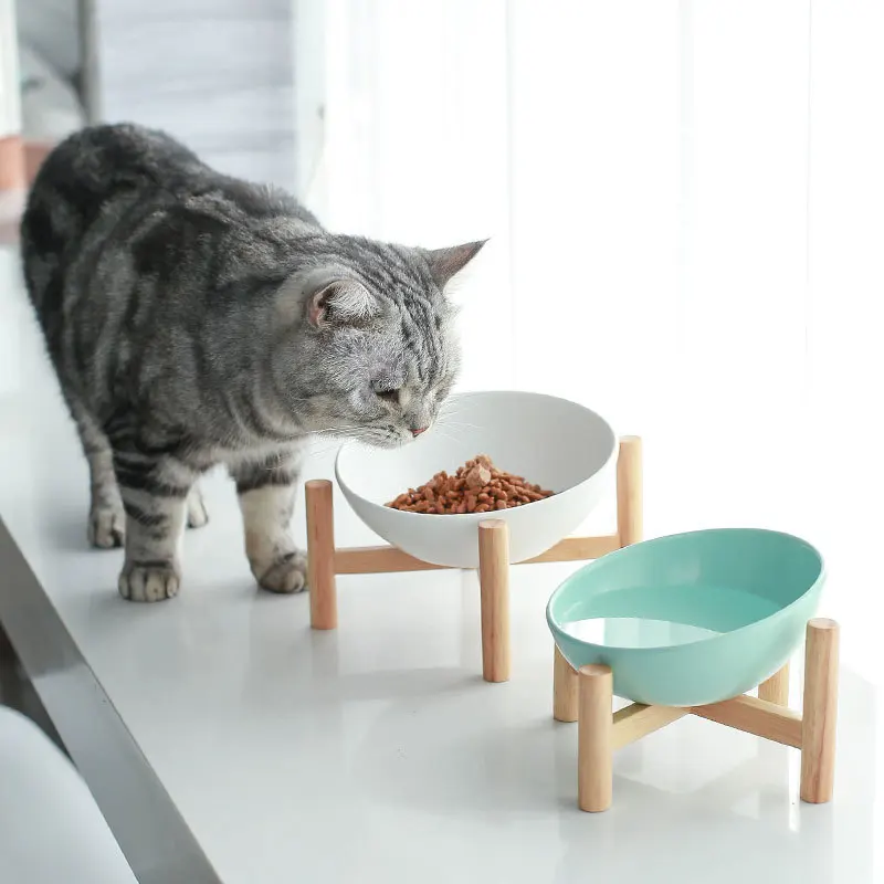 

Ceramic Pet Feed Bowl Cat Dog Bowls Tilted Elevated Raised Pet Bowl With Wood Stand Feeder For Dogs Cats Pet Drinking Supplies