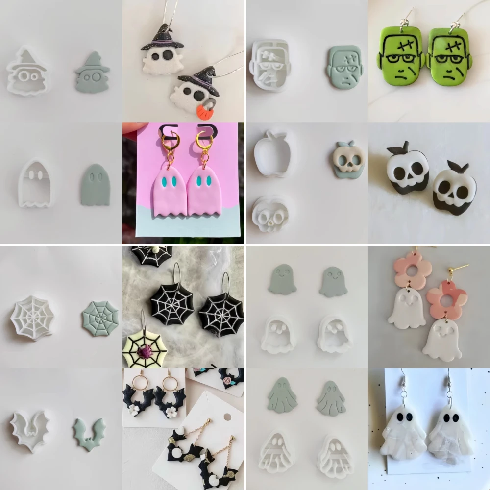 

Halloween Series Clay Molds Witch Hat/Cat/Zombie/Bone/Pumpkin/Bat/Web/Ghost Clay Cutting Molds DIY Earrings Jewelry Hand Tools