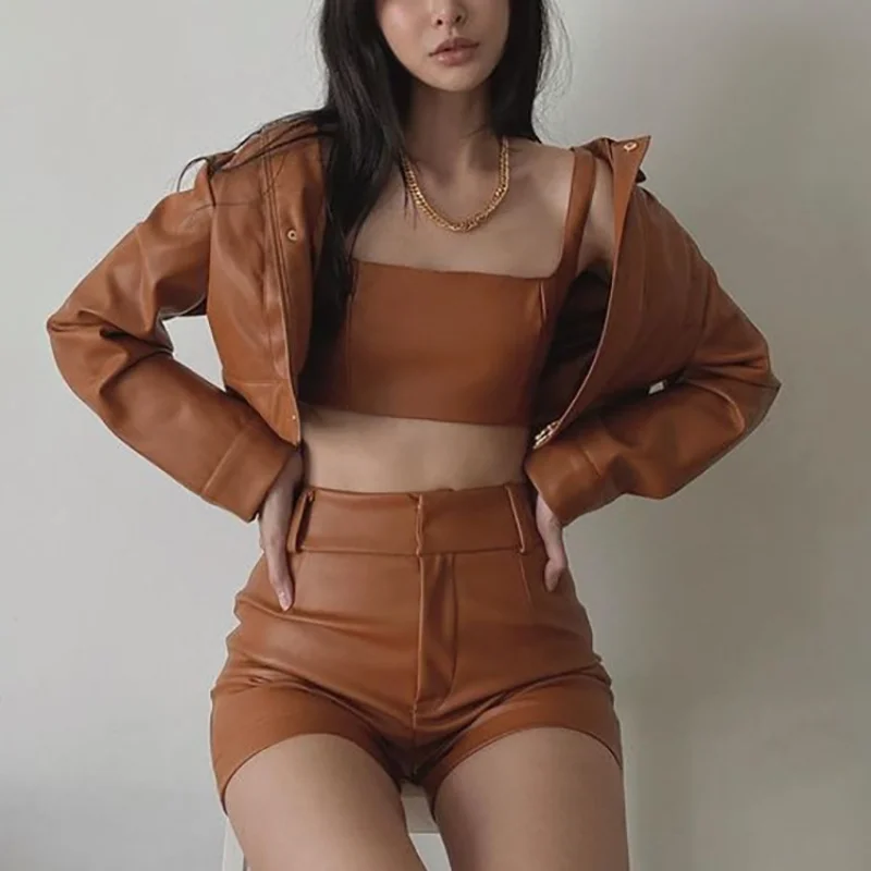 Two-piece Suit Autumn and Winter New Women's PU Cropped Vest Sexy Fitness High Waist Shorts Leather Jacket Leather Pants Fashion 
Two-piece Suit Autumn and Winter New Women's PU Cropped Vest Sexy Fitness High Waist Shorts Leather Jacket Leather Pants Fashion