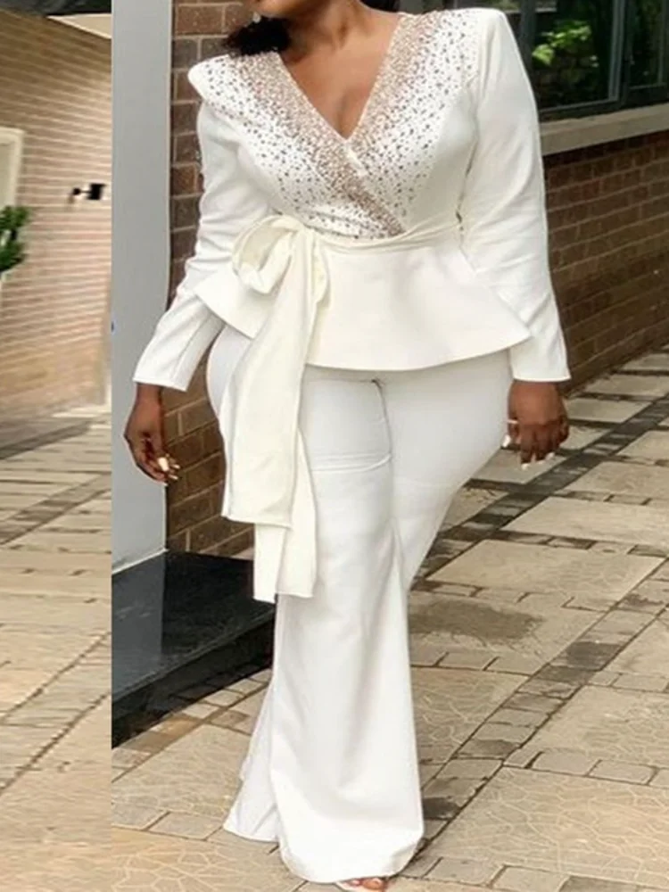 Women Elegant White Jumpsuits Long Sleeve V Neck Wide Flare Pant Diamond Coat Spring Autumn Party Office Wear Female Clothing
Women Elegant White Jumpsuits Long Sleeve V Neck Wide Flare Pant Diamond Coat Spring Autumn Party Office Wear Female Clothing