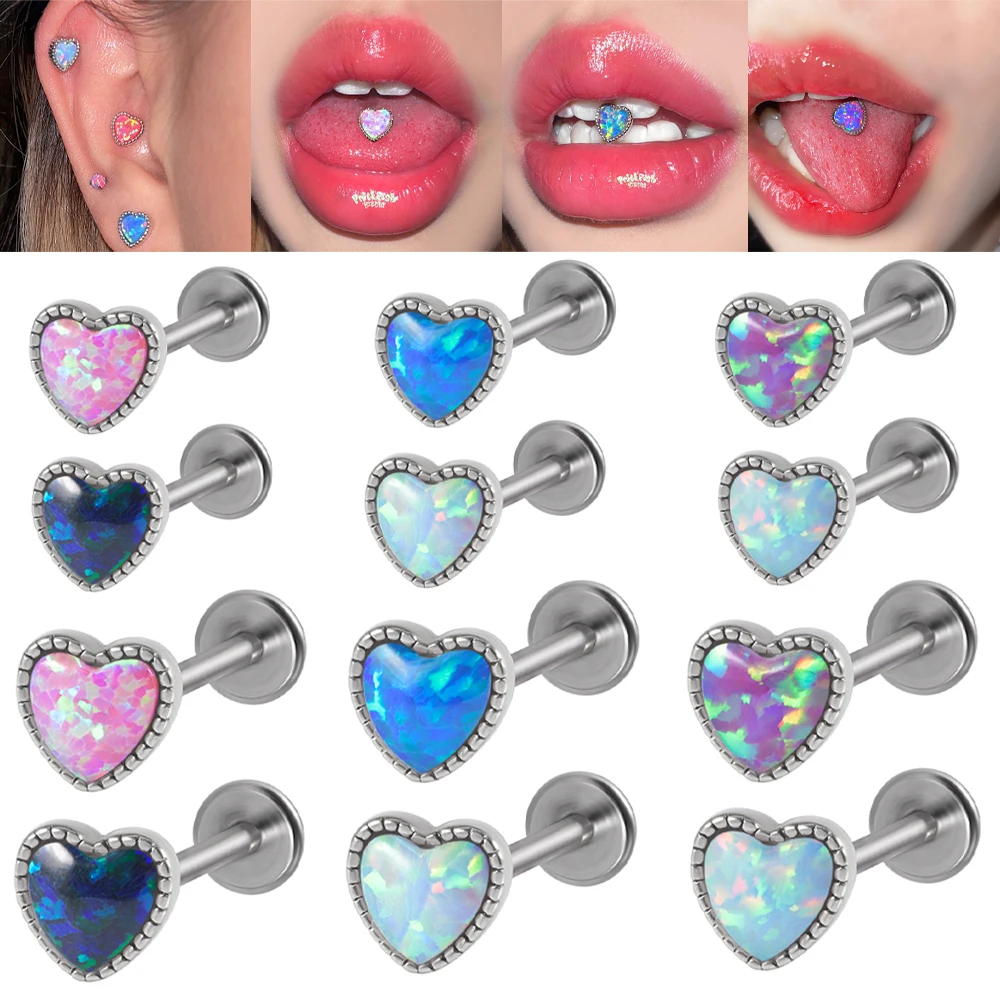 

6Pcs Surgical Steel Heart Shape Opal Labret Lip Stud Ear Cartilage Daith Earrings Tragus 16G Helix Lobe Piercing Jewelry Set